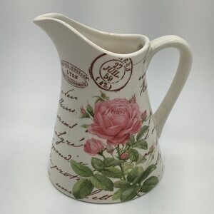 Teleflora Rose Script Ceramic‎ Pitcher Vase Farmhouse Shabby Chic Decor